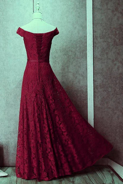 Dark Red Lace Off Shoulder Bridesmaid Dress Long Prom Dress Elegant Evening Dress Wholesale