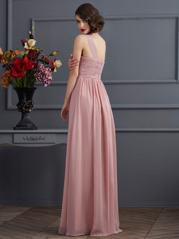 Wholesale Sheath Chiffon One-Shoulder Sleeveless Floor-Length With Pleats Bridesmaid Dresses