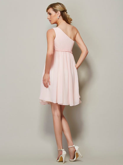 Wholesale A-Line Chiffon One-Shoulder Sleeveless Knee-Length With Sash/Ribbon/Belt Bridesmaid Dresses