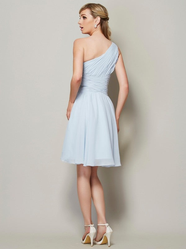 Wholesale A-Line Chiffon One-Shoulder Sleeveless Short/Mini With Ruched Bridesmaid Dresses