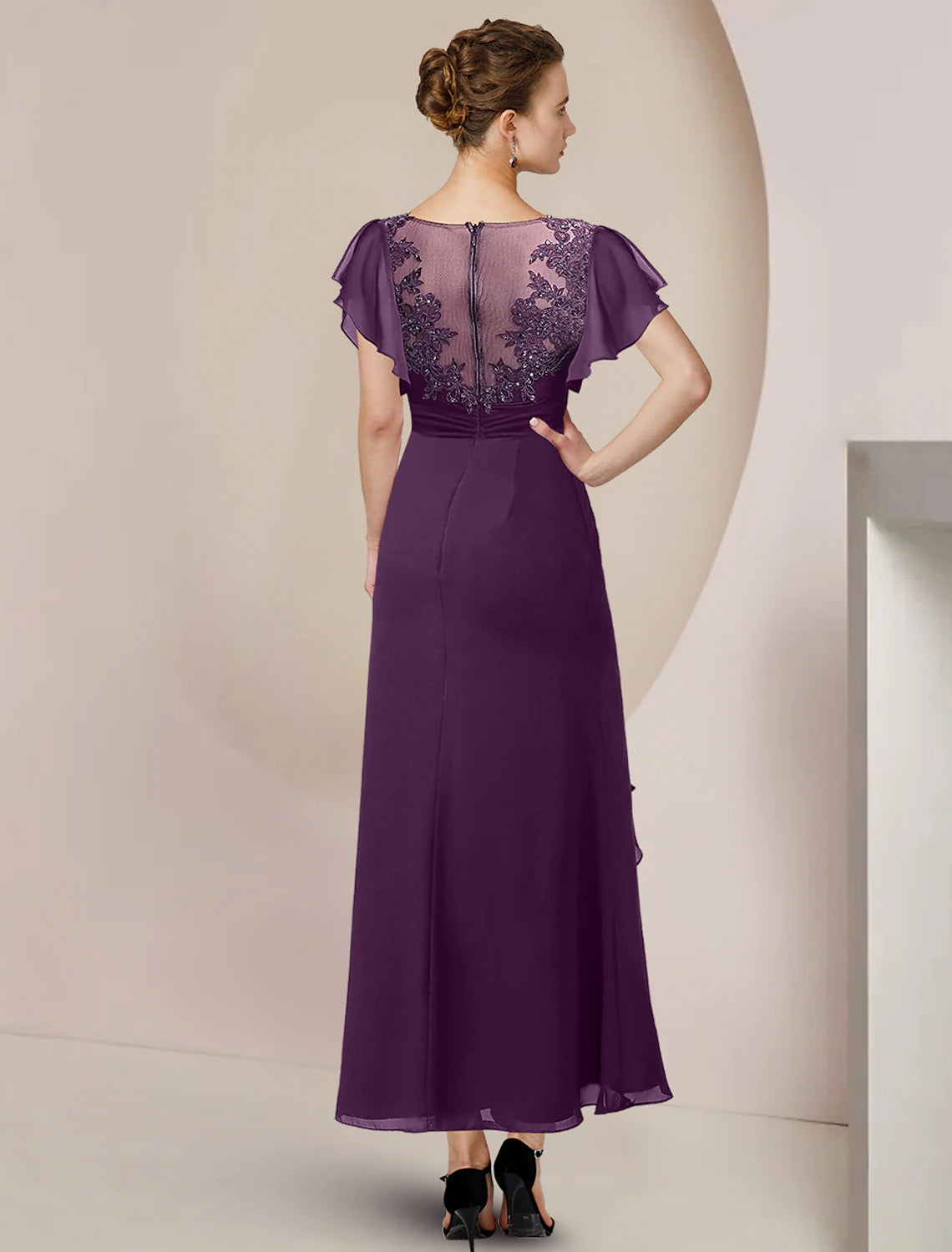 Wholesale A-Line Mother of the Bride Dress Formal Wedding Guest Elegant Scoop Neck Tea Length Chiffon Lace 3/4 Length Sleeve with Beading Sequin Appliques