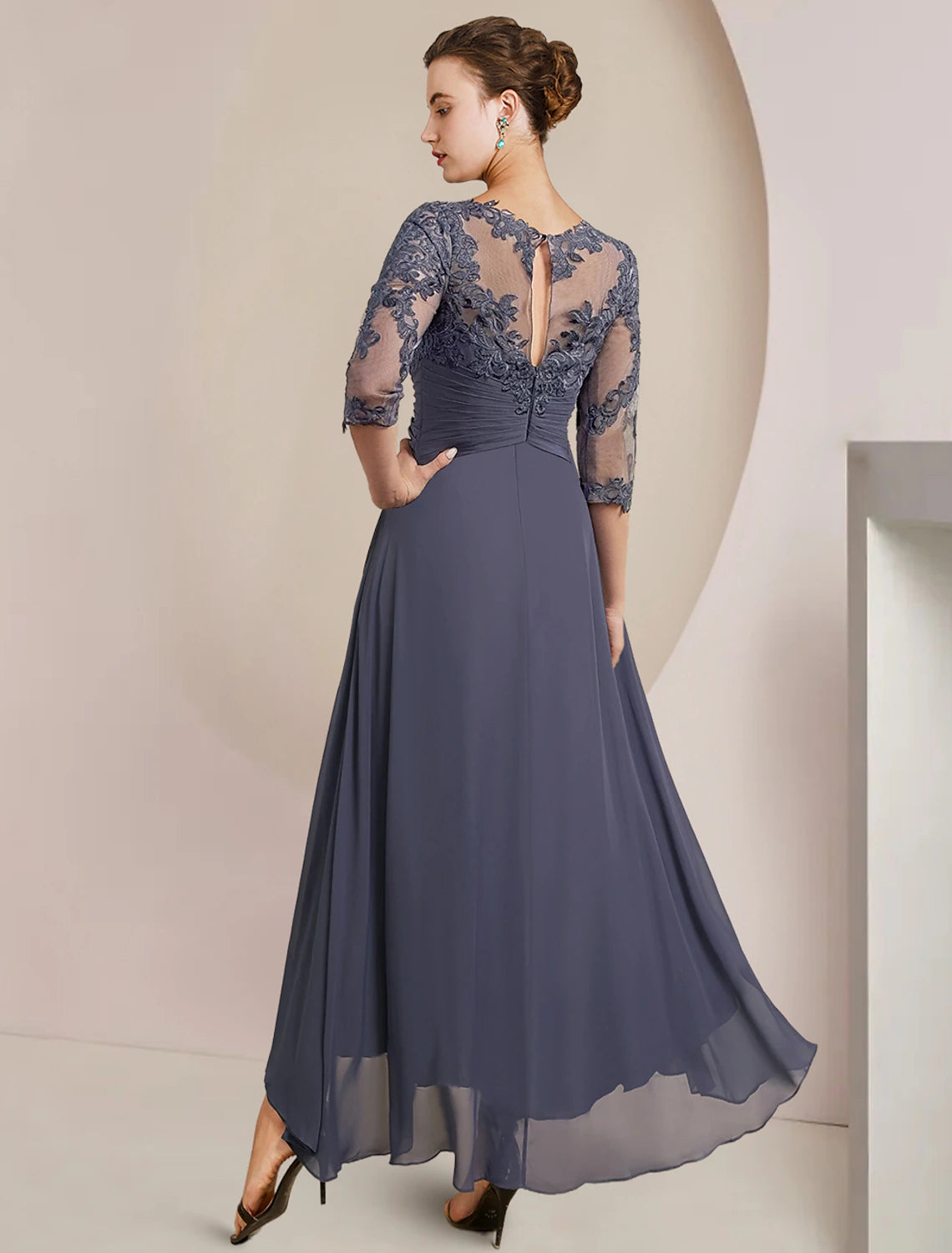 Wholesale A-Line Mother of the Bride Dress Wedding Guest Elegant High Low Scoop Neck Asymmetrical Tea Length Chiffon Lace 3/4 Length Sleeve with Pleats Appliques