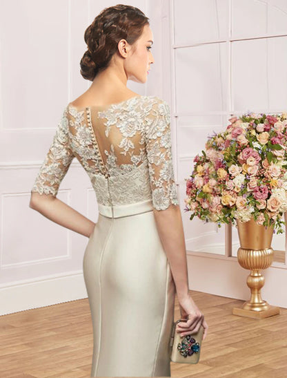 Wholesale Sheath / Column Mother of the Bride Dress Wedding Guest Party Elegant Jewel Neck Floor Length Satin Lace Half Sleeve with Bow(s) Ruching