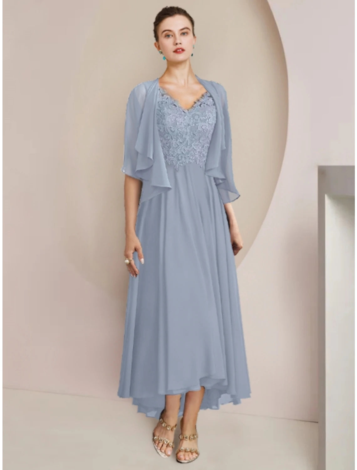 Wholesale Sheath / Column Mother of the Bride Dress Wedding Guest Vintage Elegant V Neck Asymmetrical Ankle Length Chiffon Lace Half Sleeve with Pleats Solid Color