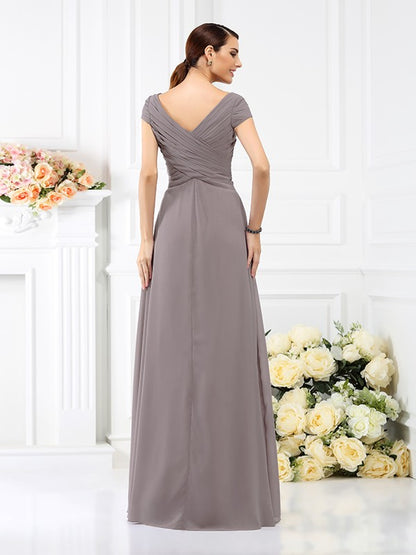 Wholesale A-Line Chiffon V-neck Short Sleeves Floor-Length With Pleats Bridesmaid Dresses