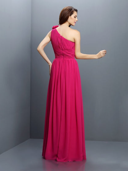 Wholesale A-Line Chiffon One-Shoulder Sleeveless Floor-Length With Pleats Bridesmaid Dresses