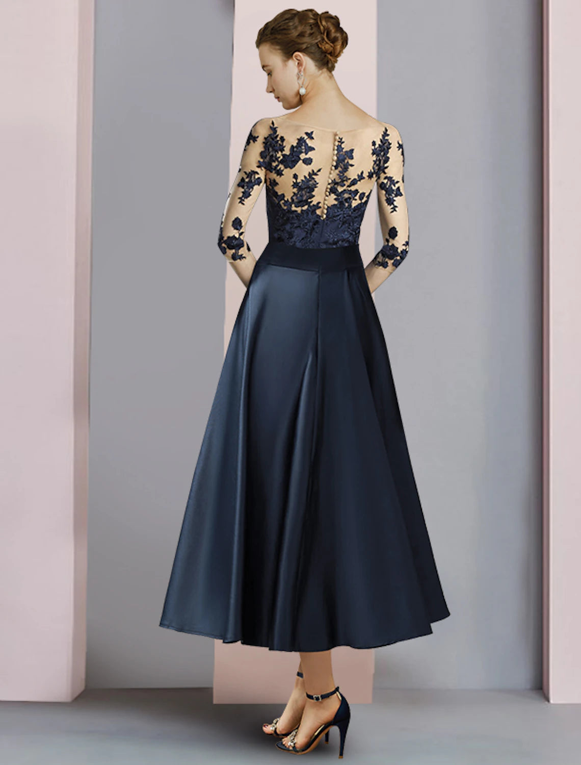 Wholesale Sheath / Column Mother of the Bride Dress Fall Wedding Guest Party Elegant Scoop Neck Ankle Length Satin Lace Half Sleeve with Bow(s) Pleats