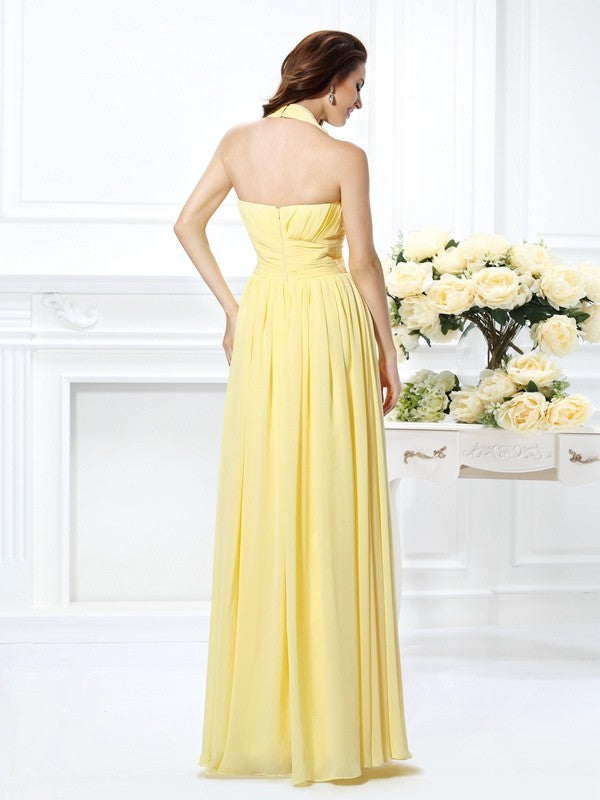 Wholesale A-Line Chiffon Halter Sleeveless Floor-Length With Pleats Bridesmaid Dresses