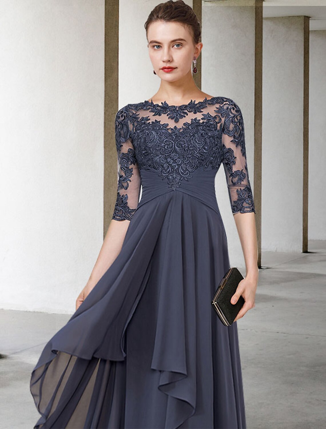 Wholesale A-Line Mother of the Bride Dress Plus Size Elegant Jewel Neck Floor Length Chiffon Lace 3/4 Length Sleeve with Pleats Ruched Appliques