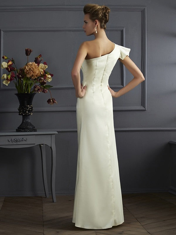 Wholesale Sheath Elastic Woven Satin One-Shoulder Sleeveless Floor-Length With Pleats Bridesmaid Dresses