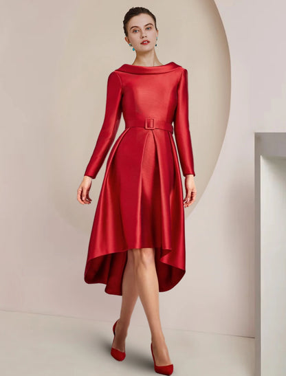 Wholesale A-Line Mother of the Bride Dress Wedding Guest Party Elegant High Low Scoop Neck Asymmetrical Knee Length Satin Long Sleeve with Crystal Brooch