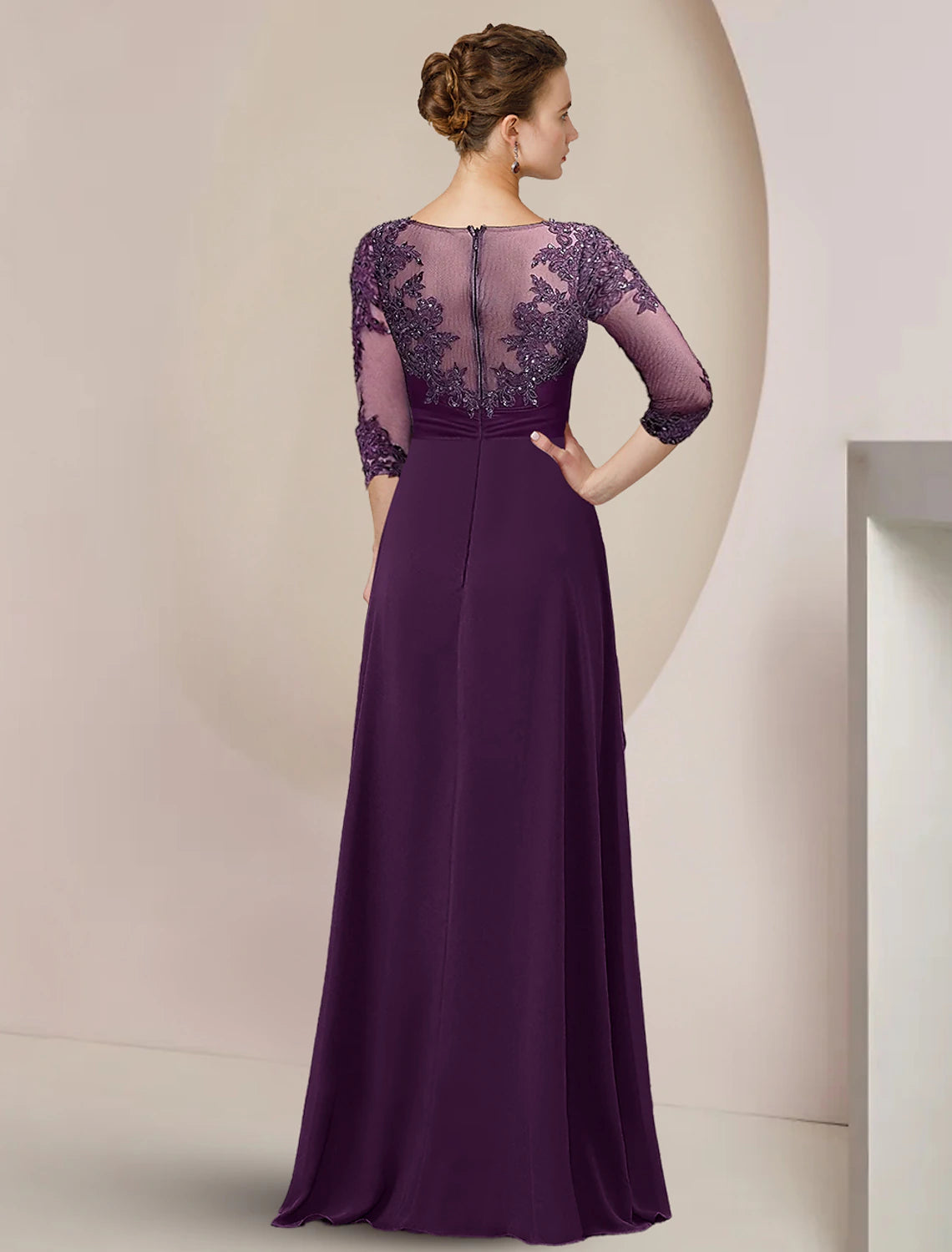 Wholesale A-Line Mother of the Bride Dress Formal Wedding Guest Elegant High Low Scoop Neck Asymmetrical Floor Length Chiffon Lace 3/4 Length Sleeve with Beading Sequin Appliques