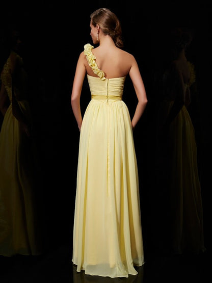 Wholesale A-Line Chiffon One-Shoulder Sleeveless Floor-Length With Hand-Made Flower Bridesmaid Dresses