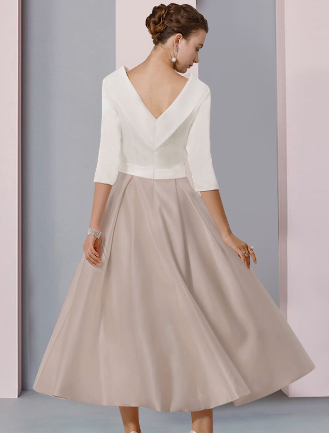 Wholesale A-Line Mother of the Bride Dress Wedding Guest Elegant Scoop Neck Tea Length Satin Half Sleeve with Pleats Crystal Brooch Color Block