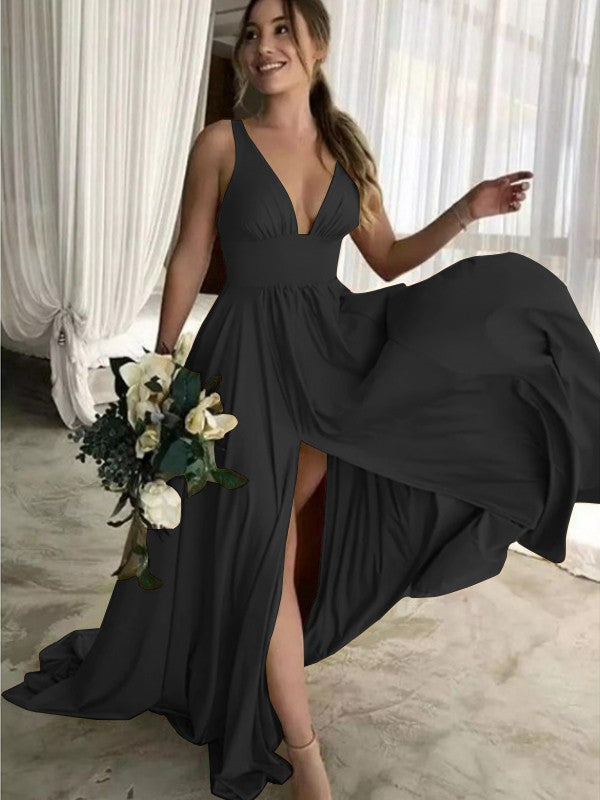 Wholesale A-Line Sleeveless V-neck Sweep/Brush Train With Ruffles Jersey Bridesmaid Dresses