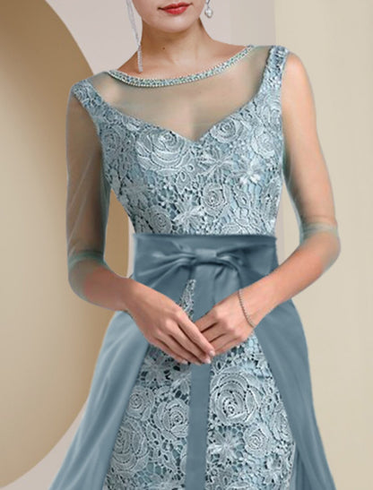 Wholesale Two Piece Sheath / Column Mother of the Bride Dress Formal Wedding Guest Vintage Elegant Jewel Neck Tea Length Knee Length Chiffon Lace 3/4 Length Sleeve with Beading Appliques