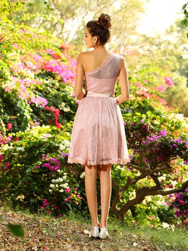 Wholesale A-Line Elastic Woven Satin One-Shoulder Sleeveless Knee-Length With Sash/Ribbon/Belt Bridesmaid Dresses