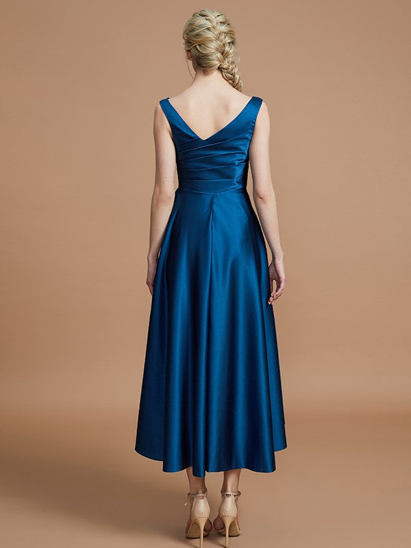 Wholesale A-Line V-neck Satin Asymmetrical Sleeveless Bridesmaid Dresses