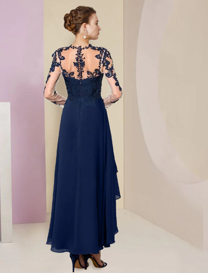 Wholesale A-Line Mother of the Bride Dress Formal Wedding Guest Elegant High Low Scoop Neck Asymmetrical Tea Length Chiffon Lace 3/4 Length Sleeve with Pleats Appliques