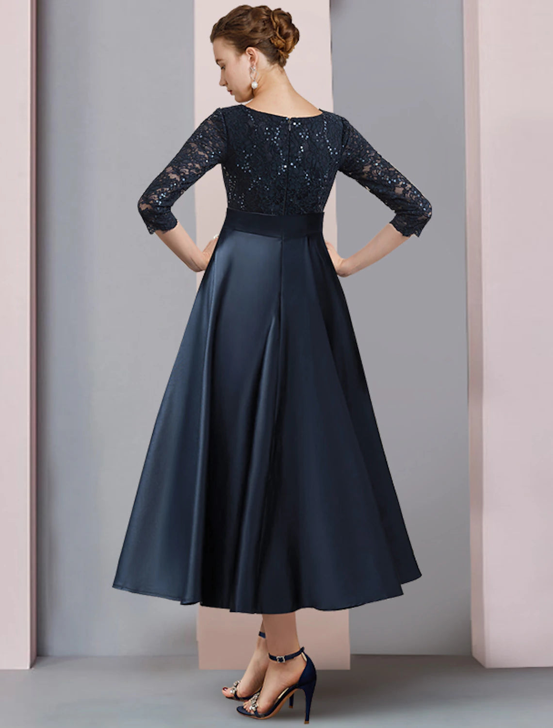 Wholesale A-Line Mother of the Bride Dress Wedding Guest Vintage Elegant V Neck Tea Length Satin Lace 3/4 Length Sleeve with Bow(s) Pleats Sequin