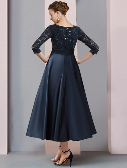 Wholesale A-Line Mother of the Bride Dress Wedding Guest Vintage Elegant V Neck Tea Length Satin Lace 3/4 Length Sleeve with Bow(s) Pleats Sequin