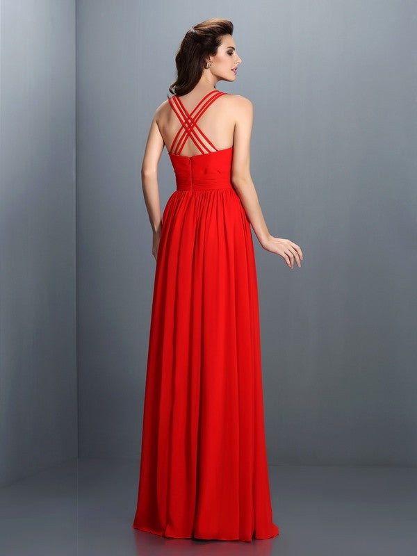 Wholesale A-Line Chiffon V-neck Sleeveless Floor-Length With Pleats Bridesmaid Dresses