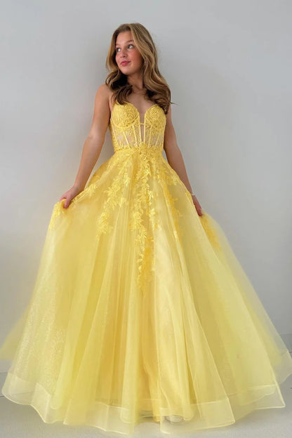 Wholesa A-Line V Neck Yellow Tulle Lace Long Prom Dresses