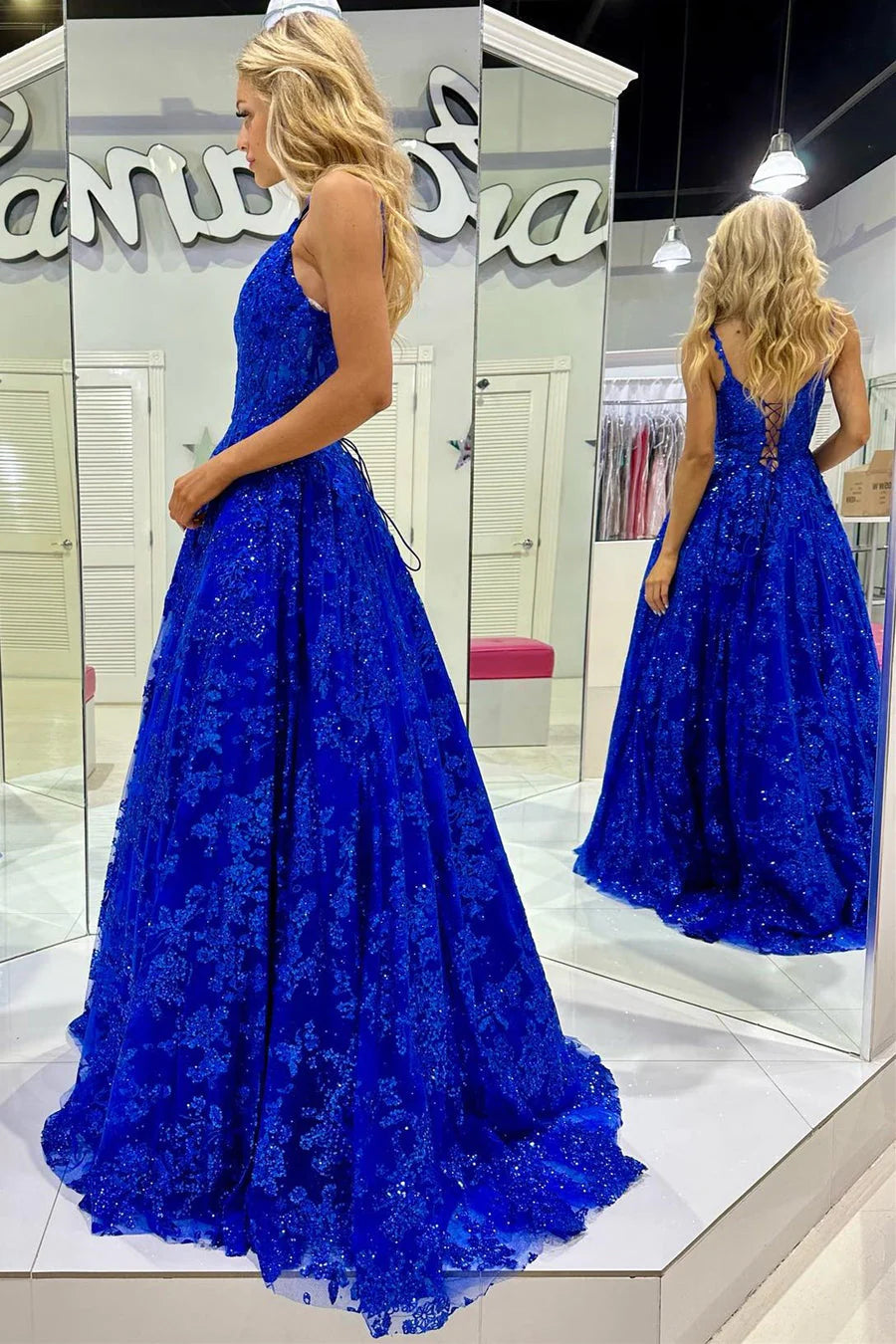 Wholesa Royal Blue Sequin Lace V-Neck A-Line Long Prom Dress