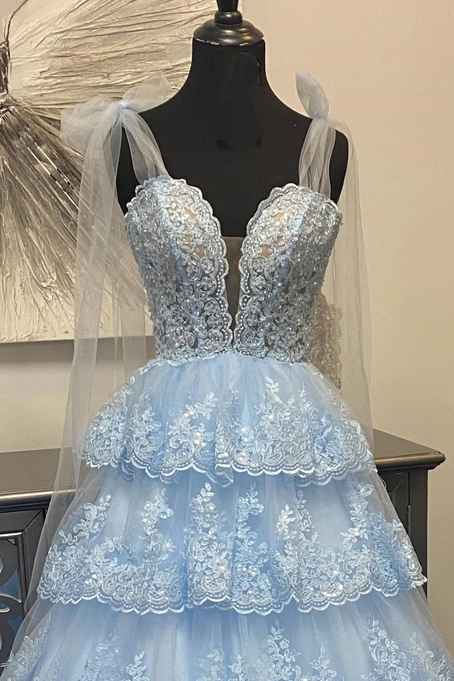 Wholesa Light Blue Tulle Appliques Tying Strap Ruffle Tiered Long Prom Dress