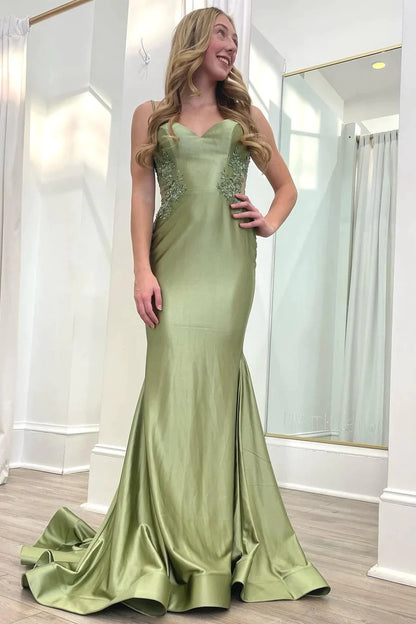 Wholesa Sage Green Spaghetti Strap Backless Trumpet Long Gown