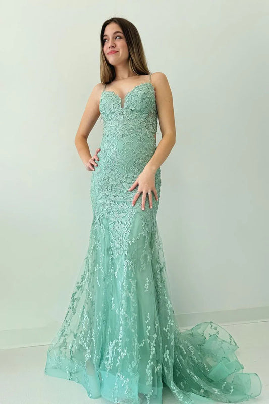 Wholesa Green V Neck Lace Mermaid Long Prom Dresses