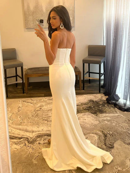 Wholesale White Evening Dress Strapless V Neck Long Prom Dress With Slit