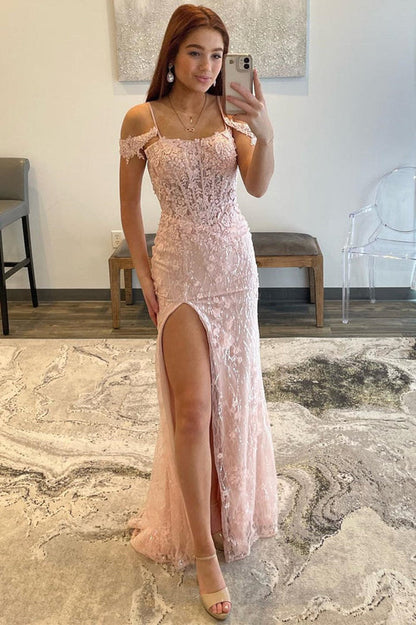 Wholesale Mermaid Evening Dress Spaghetti Straps Sequined Lace Prom Dress with Slit