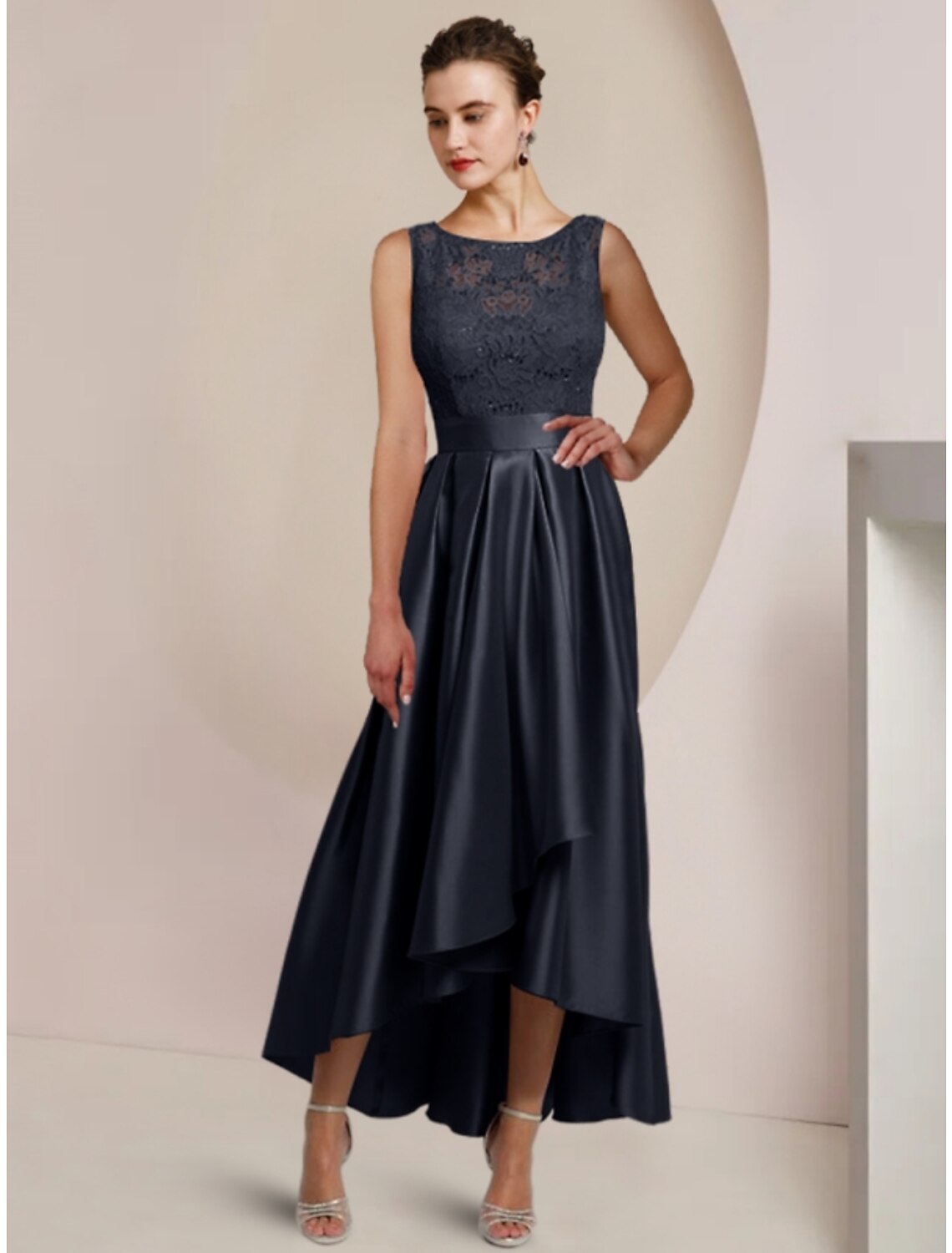 Wholesale Sheath / Column Mother of the Bride Dress Wedding Guest Minimalist Elegant Scoop Neck Asymmetrical Ankle Length Satin Lace Half Sleeve with Pleats Solid Color