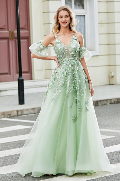 Wholesale A-Line Sage Prom Dress Spaghetti Straps Evening Dress Corset Appliqued with Detachable Sleeves