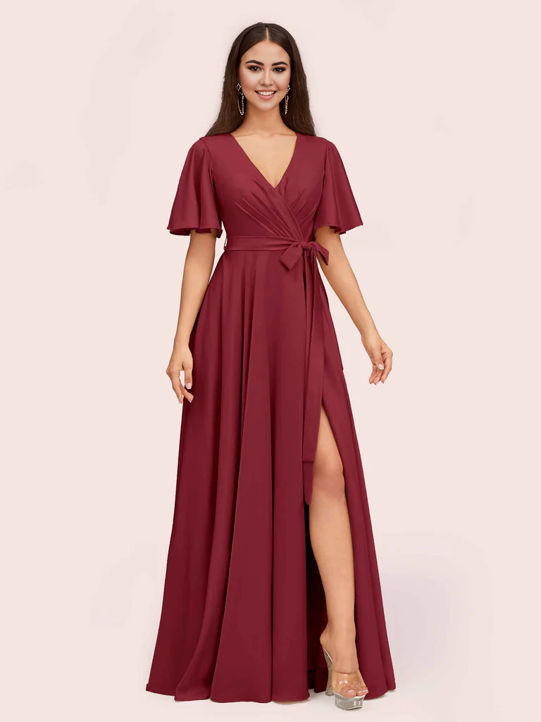 Wholesale A-Line V-Neck Short Sleeves Bridesmaid Dresses With Slit