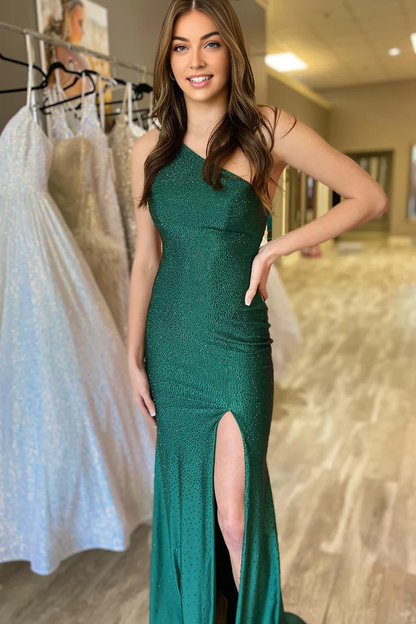 Wholesale Mermaid Evening Dress One Shoulder Beaded Jersey Prom Dress with Slit