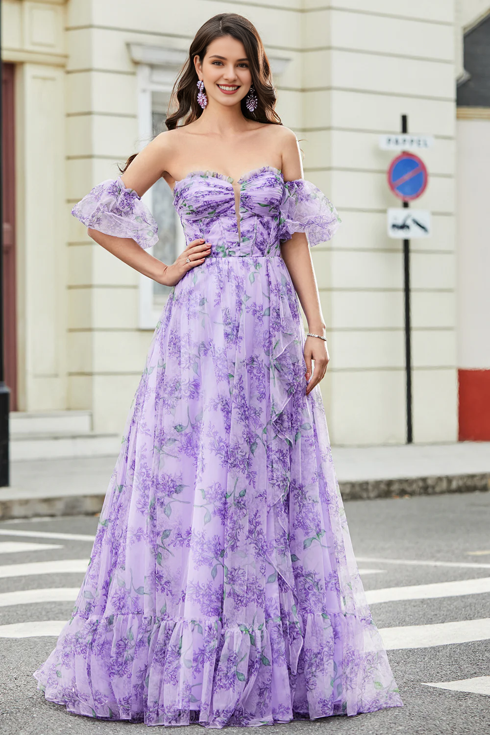 Wholesale Lavender Evening Dress A Line Off the Shoulder Long Prom Dress with Removable Sleeves