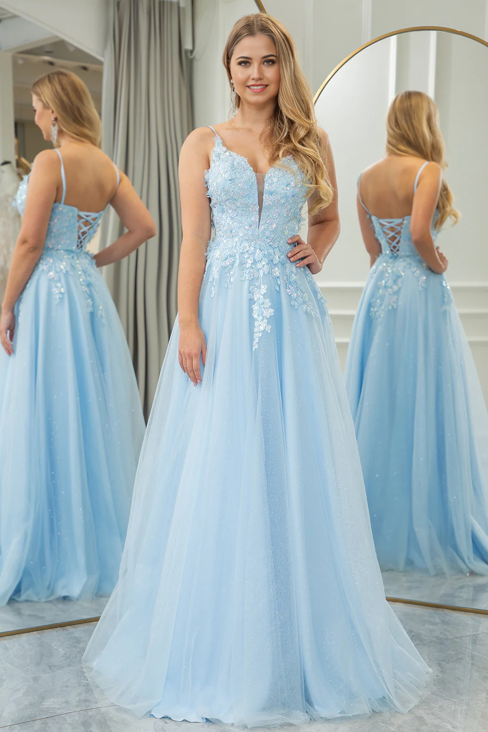 Wholesale A Line Tulle Long Prom Dress With Sequined Light Blue Evening Dress Appliques