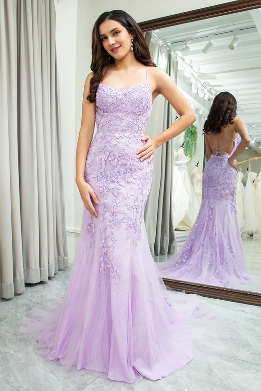 Wholesale Lilac Mermaid Evening Dress Spaghetti Straps Long Prom Dress with Appliques