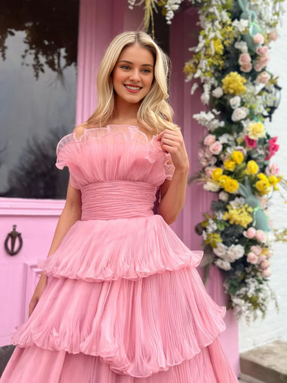 Wholesale Elegant Pink Strapless A-Line Evening Dress Tiered Crinkled Tulle Prom Dress