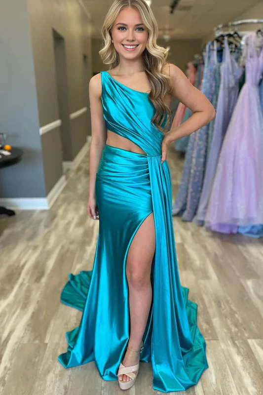 Wholesale Mermaid Evening Dress One Shoulder Satin Prom Dresses with Slit Charming