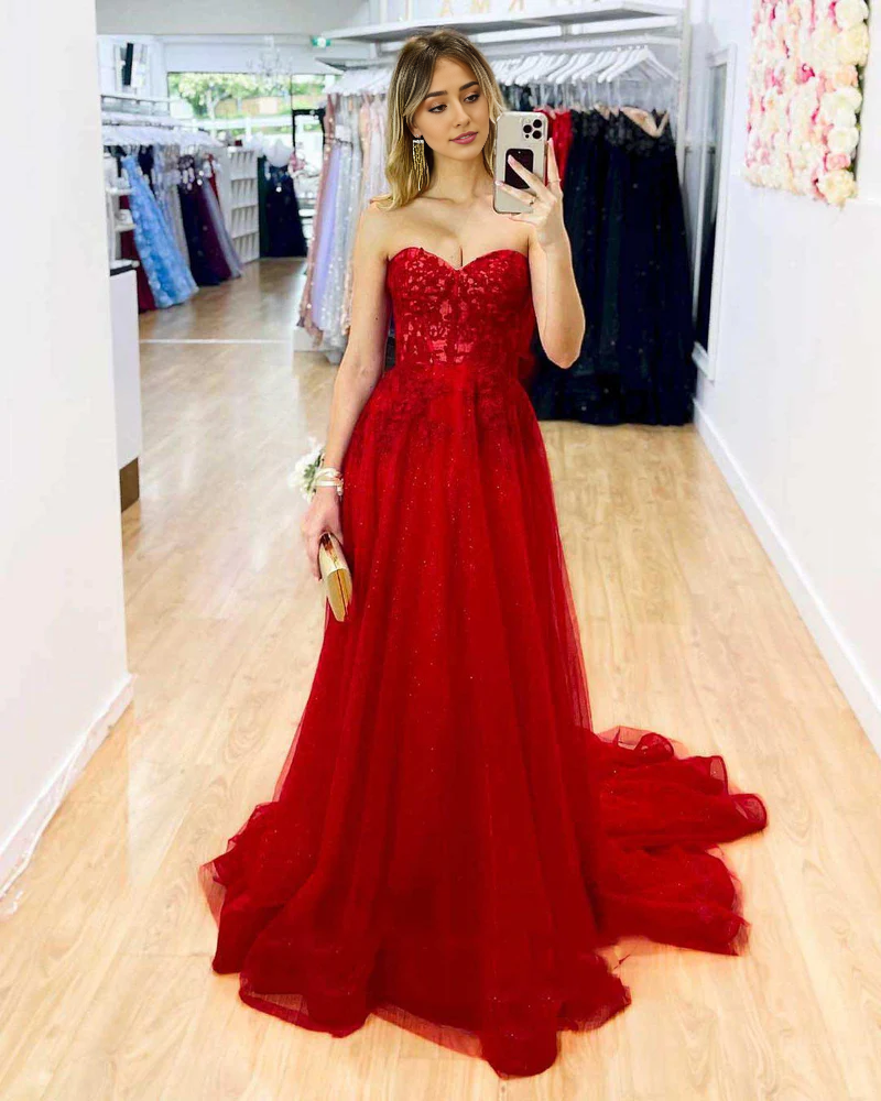 Wholesale Elegant Red Evening Dress Strapless A-Line Long Prom Dress with Appliques