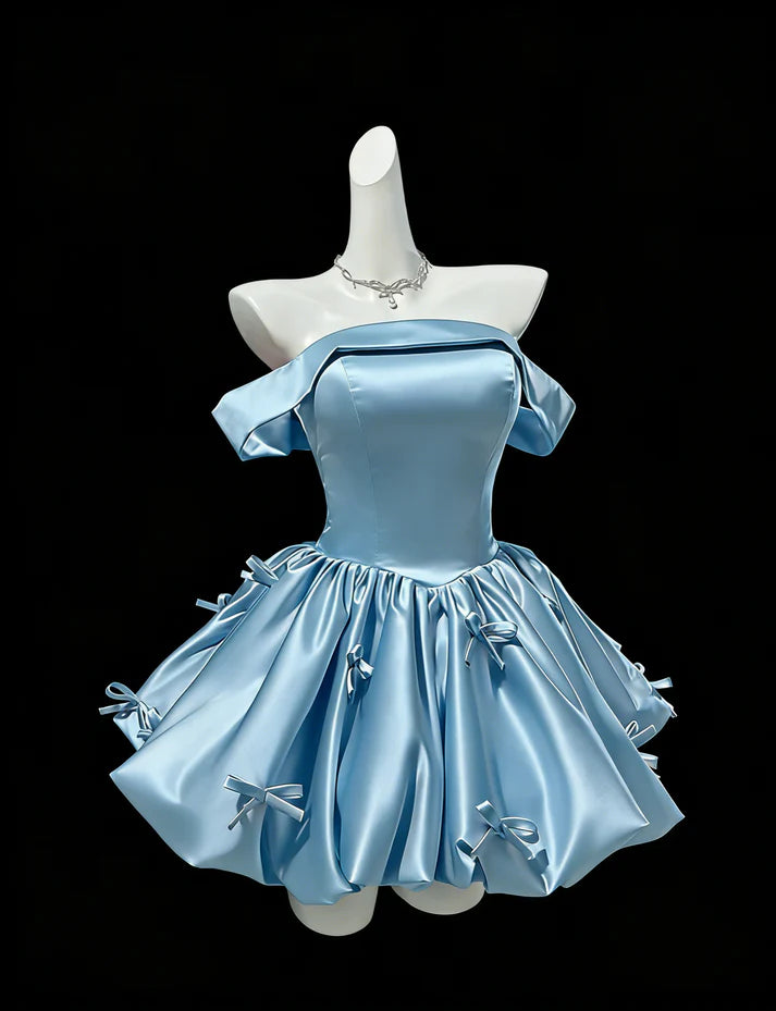 Aimishang Pretty A Line Blue Off The Shoulder Short Formal Prom Dress Cute Cocktail Homecoming Dress With Bow