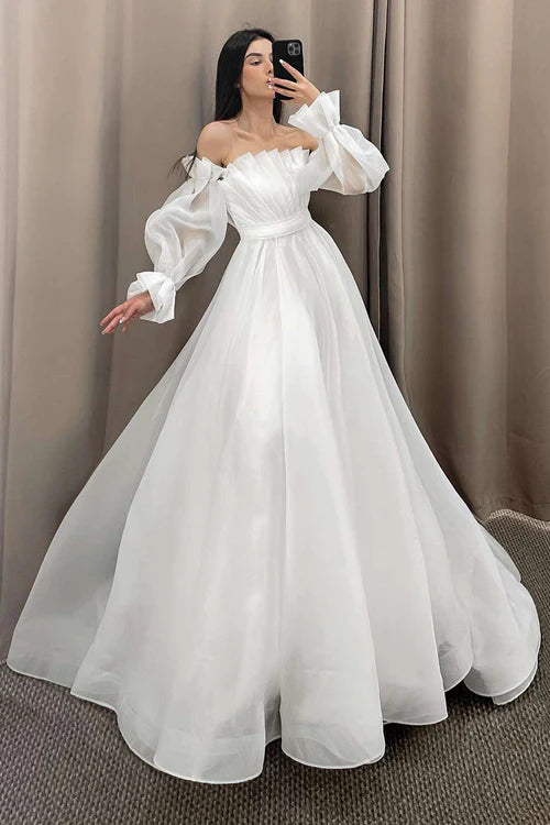 Wholesale Elegant White Off the Shoulder Pleated A-Line Long Wedding Dress with Sleeves