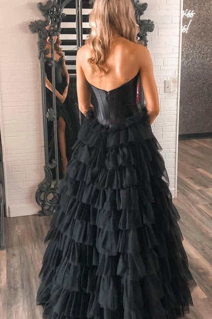 Wholesa Black Sweetheart Tiered Satin Long Prom Dresses with Slit