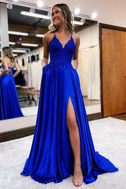 Wholesa Cute A Line V Neck Royal Blue Satin Long Prom Dresses with Slit