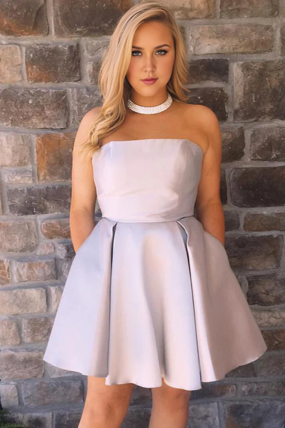 Wholesale A-Line Graduation Dresses Strapless Satin Homecoming Dress with Pockets