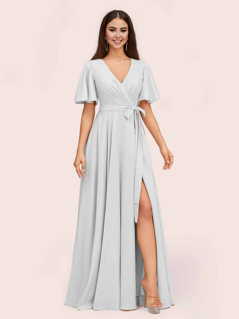 Wholesale A-Line V-Neck Short Sleeves Bridesmaid Dresses With Slit