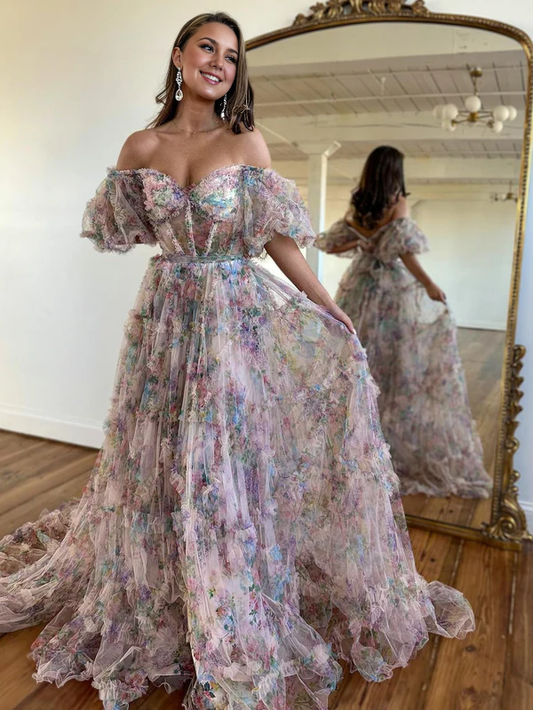 Wholesale A Line Evening Dress Off The Shoulder Floral Tulle Prom Dress